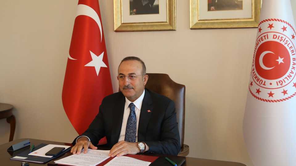 Turkish Foreign Minister Mevlut Cavusoglu attends the DEIK Talks held by the Foreign Economic Relations Board of Turkey (DEIK) via teleconference call at the Foreign Ministry building in Ankara, Turkey on May 14, 2020.