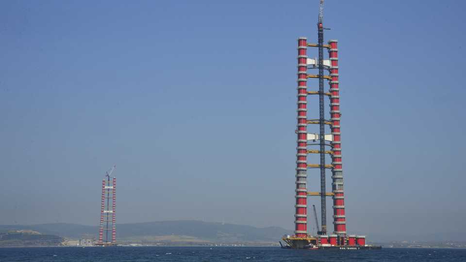 In this file photo taken on April 28, 2020 in Canakkale, Turkey, 78 percent of Canakkale 1915 Bridge towers are completed.
