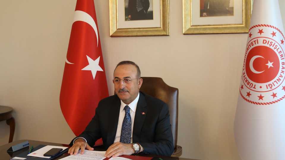 Turkish Foreign Minister Mevlut Cavusoglu attends the DEIK Talks held in the Foreign Economic Relations Board of Turkey (DEIK) via teleconference call at the Foreign Ministry building in Ankara, Turkey on May 14, 2020.