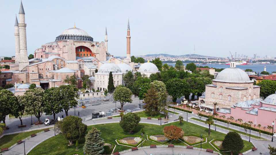 Hagia Sophia and its surroundings remain empty during the third day of the four-day coronavirus restrictions imposed to stem the contagion in Istanbul, Turkey on May 18, 2020.
