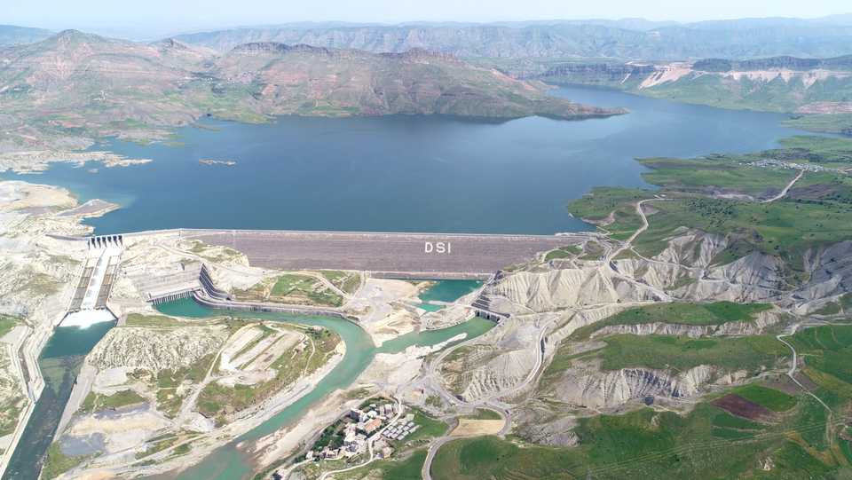 This aerial image shows the Ilisu Dam, one of the largest hydropower projects in Turkey, May 18, 2020.