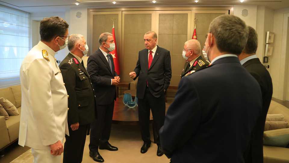 Turkey's President Erdogan holds meeting in presidential office in Istanbul, on May 20, 2020.
