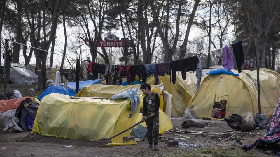 A view of the tents of asylum seekers near the border between the Kastanies and the Pazarkule border gates, as they continue to wait in hopes that Greece will open the gates on March 14, 2020 in Turkey's northwestern Edirne province.