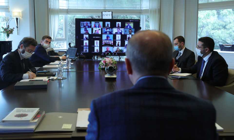 President Erdogan is seen holding a video conference with his party's 81 provincial departments in Istanbul, Turkey on May 25, 2020.