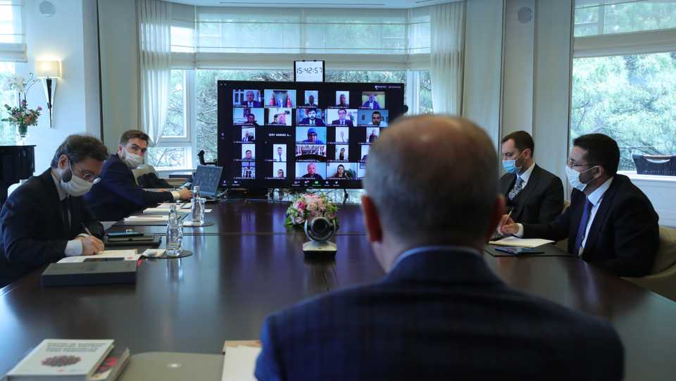 President Erdogan is seen holding a video conference with his party's 81 provincial departments in Istanbul, Turkey on May 25, 2020.