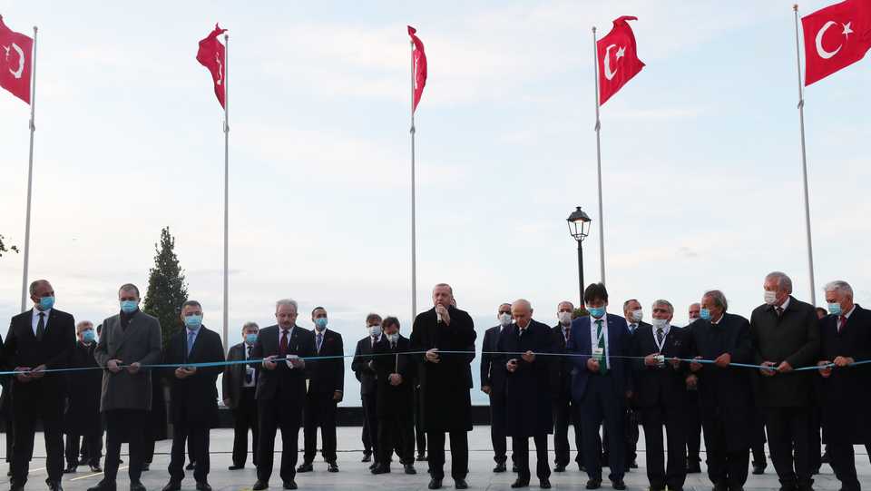 President Recep Tayyip Erdogan attends the ribbon cutting ceremony during the inauguration of Democracy and Liberties Island in Istanbul, Turkey on May 27, 2020.