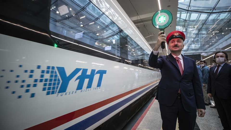 Turkish Transport and Infrastructure Minister Adil Karaismailoglu attends the ceremony held at Ankara railway station as train services resume on May 28, 2020 after having been suspended as part of coronavirus precautions.