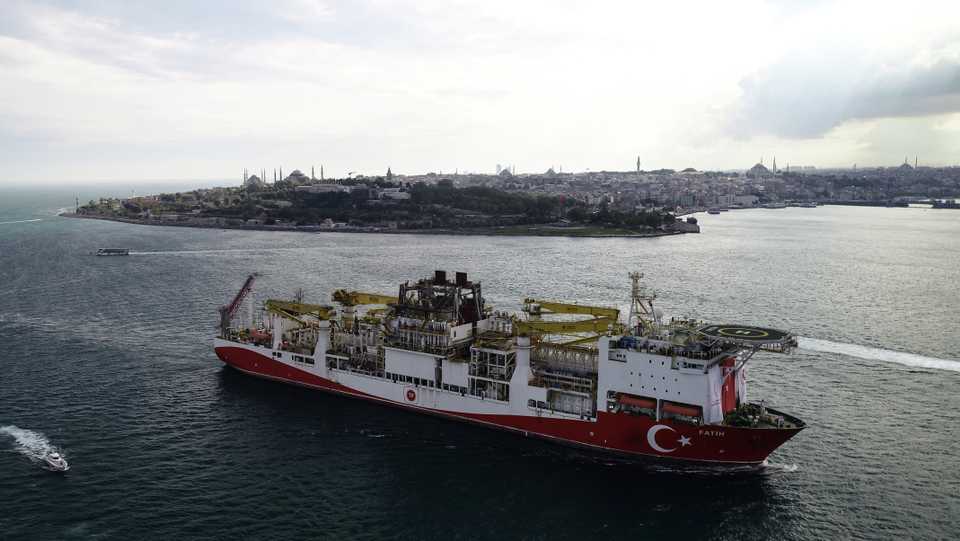 Turkey's drilling vessel Fatih sails through the Bosphorus as it leaves for the Black Sea in Istanbul, Turkey, May 29, 2020.