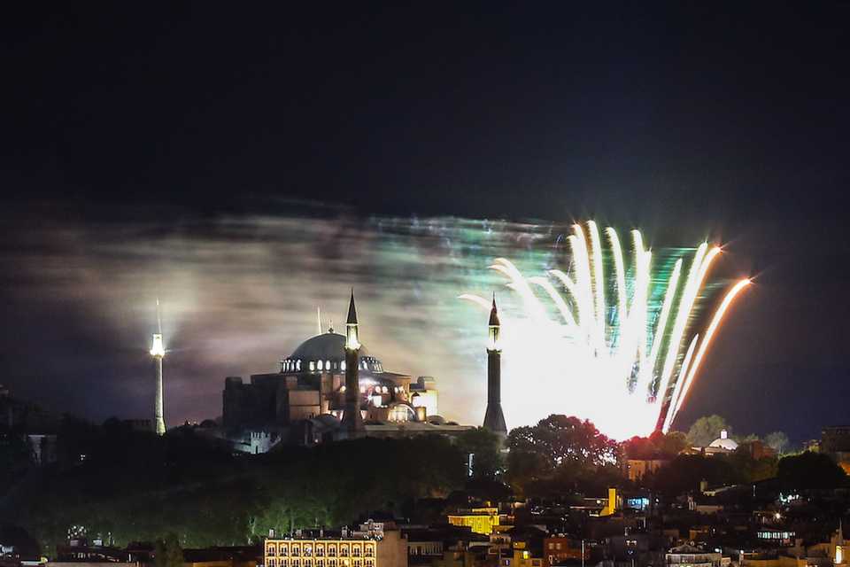 Firework demonstration held at historical peninsula during an event at Hagia Sophia, marking 567th anniversary of conquest of Istanbul, on May 29, 2020 in Istanbul, Turkey.