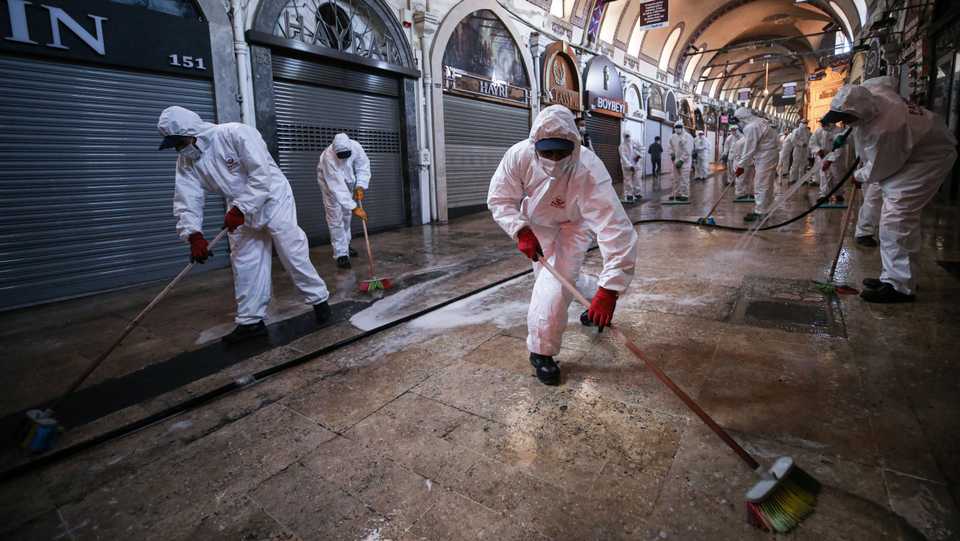 Municipality officials carry out disinfection works at Grand Bazaar, which was closed on March 23 within the coronavirus (Covid-19) measures, ahead of its opening on June 1, in Istanbul, Turkey on May 30, 2020.