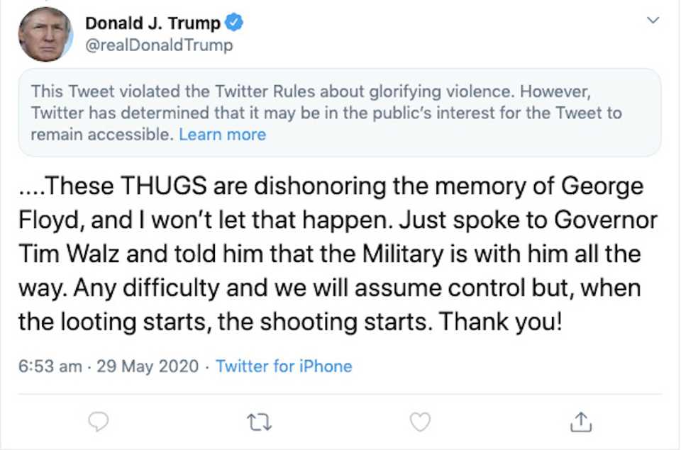 A screenshot of a tweet by US President Donald Trump posted on May 29, 2020.
