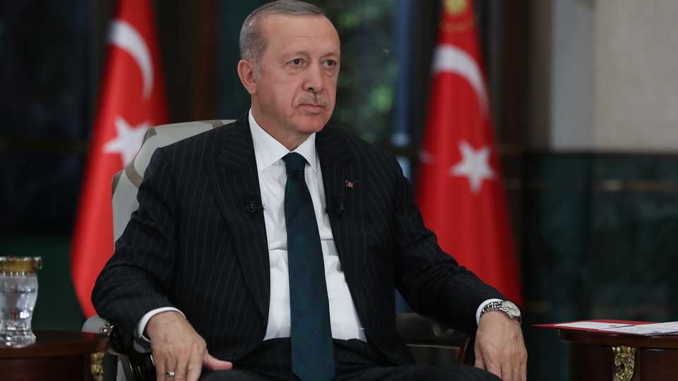 President of Turkey Recep Tayyip Erdogan attends a broadcast of TRT in Ankara, Turkey on June 8, 2020.