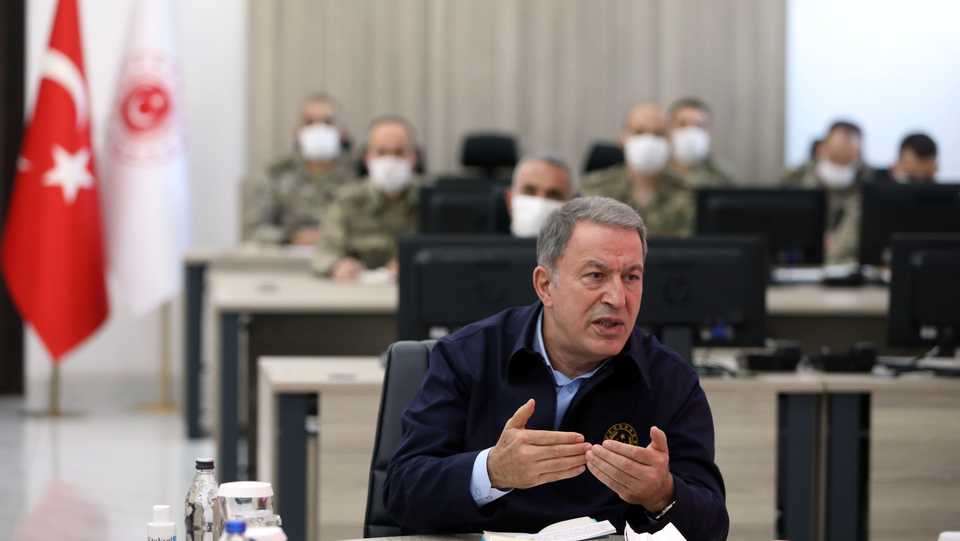 Turkish Defence Minister Hulusi Akar makes a speech after his meetings with Turkish military commanders in Sanliurfa, Turkey on June 6, 2020.