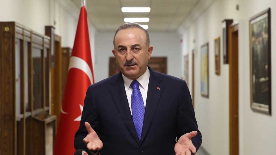 Foreign Minister of Turkey Mevlut Cavusoglu speaks to the media after participating in NATO foreign ministers meeting via teleconference on April 2, 2020 in Ankara, Turkey.
