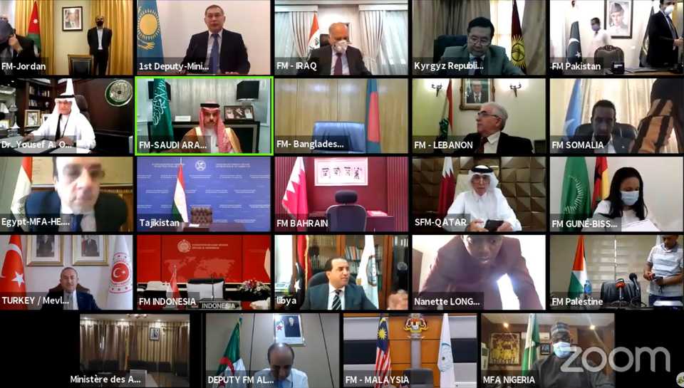 Foreign Ministers of the member countries of OIC hold a virtual meeting on Israeli threats to annex parts of Palestine on June 10, 2020.