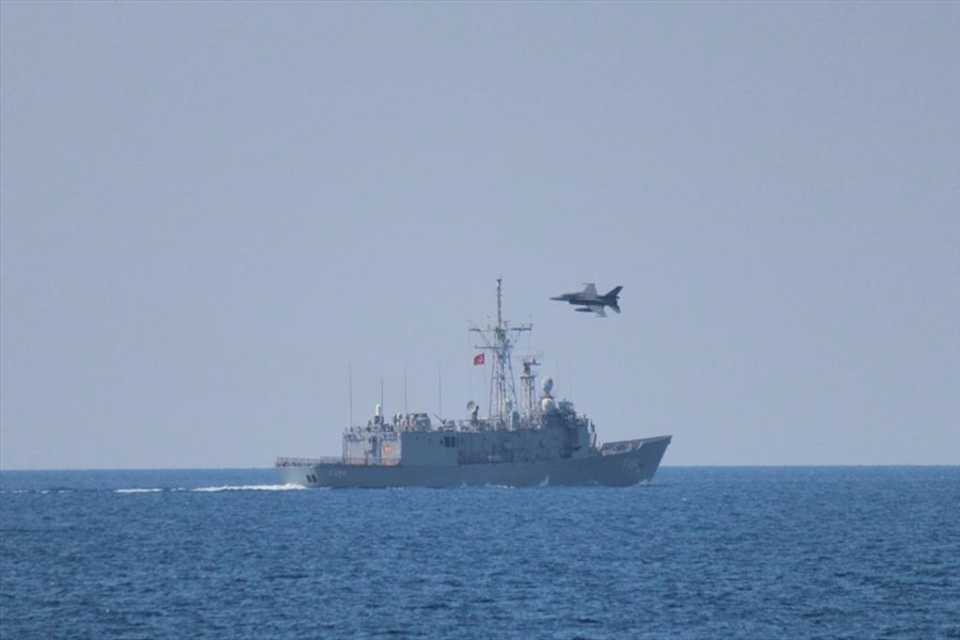 The picture from the Turkish military shows a Turkish frigate and a fighter jet as part of a drill conducted in Mediterranean sea on June 13, 2020.