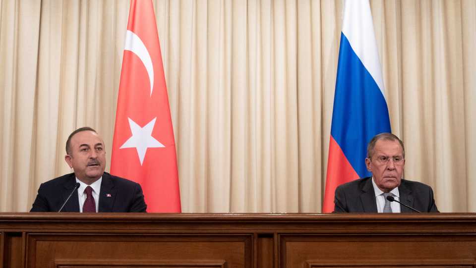 Russian Foreign Minister Sergey Lavrov (R)and Defence Minister Sergei Shoigu will discuss Libya and potential ceasefire there with Turkish counterparts Mevlut Cavusoglu (L) and Hulusi Akar.