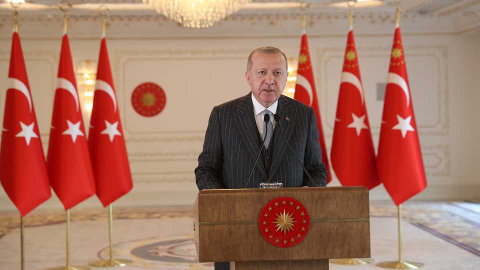 Turkish President Erdogan attends 12th International Conference on Islamic Economics and Finance via video conference link in Istanbul, Turkey on June 14, 2020.
