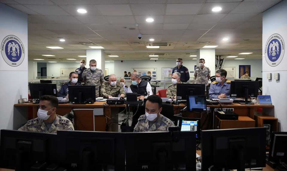 Minister of National Defence of Turkey, Hulusi Akar follows the Operation Claw-Eagle launched against terrorists in northern Iraq at Air Force Command Control Center in Ankara, Turkey on June 15, 2020.