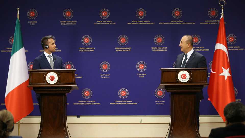 Turkish Foreign Minister Mevlut Cavusoglu (R) and Foreign Minister of Italy Luigi Di Maio (L) hold a joint news conference after their meeting in Ankara, Turkey on June 19, 2020.