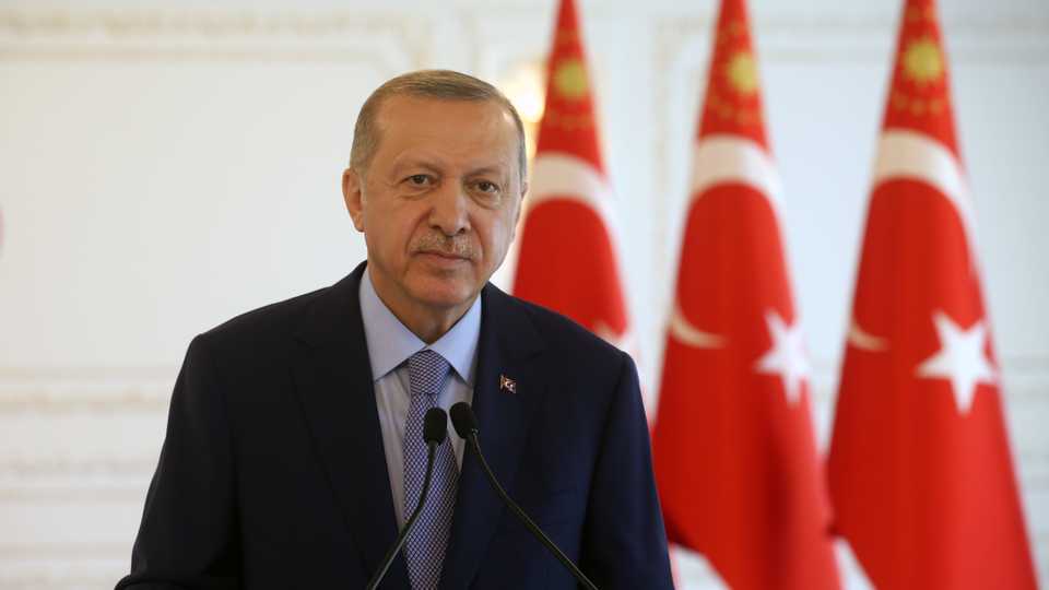Turkish President Tayyip Erdogan speaks during a video conference in Ankara, Turkey on Jun 20, 2020.