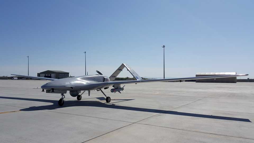 A Bayraktar TB2 armed drone, which was domestically produced by Turkey’s leading unmanned aerial platform developer Baykar, is parked at an airfield in 2017.