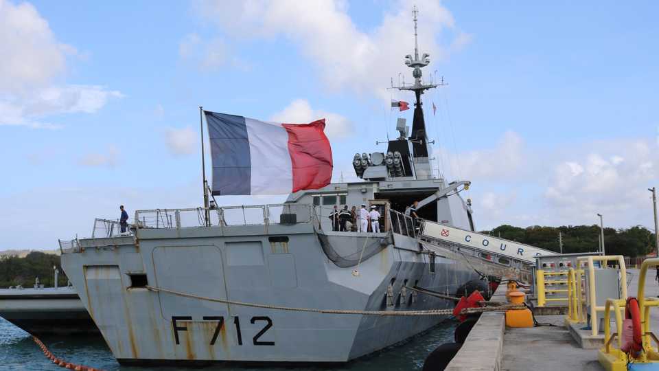 In this May 11 2017 file photo, the French stealth frigate Courbet is docked at Naval Base Guam, near Hagatna, Guam.