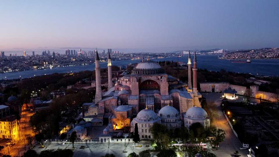 An aerial view of the Byzantine-era monument of Hagia Sophia on the first day of the holy month of Ramadan on April 24, 2020.