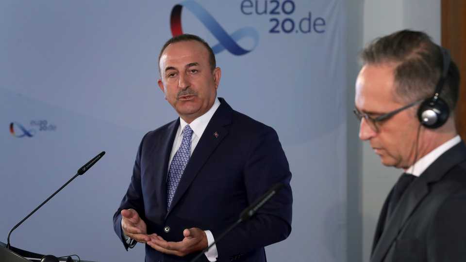 Turkish Foreign Minister Mevlut Cavusoglu and German Foreign Minister Heiko Maas address the media during a joint news conference after a meeting in Berlin, Germany on July 2, 2020.