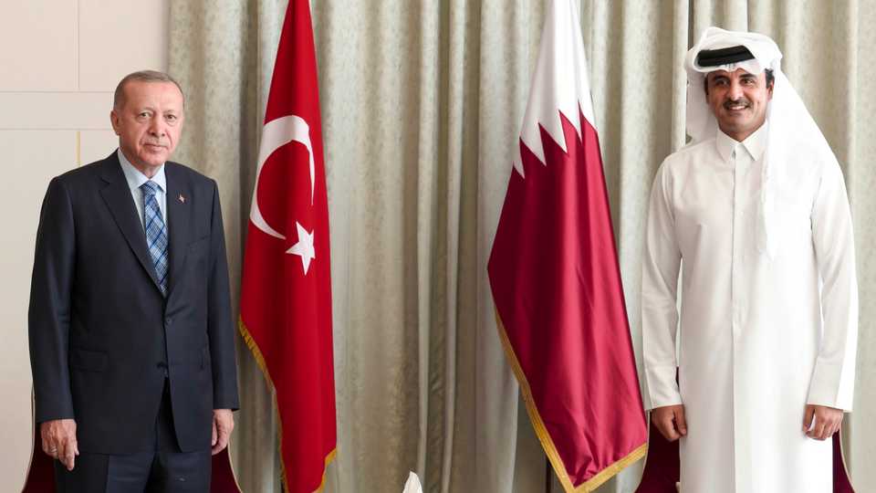This handout picture shows Emir Sheikh Tamim bin Hamad al Thani meeting with Turkish President Recep Tayyip Erdogan in Doha, Qatar, July 2, 2020.