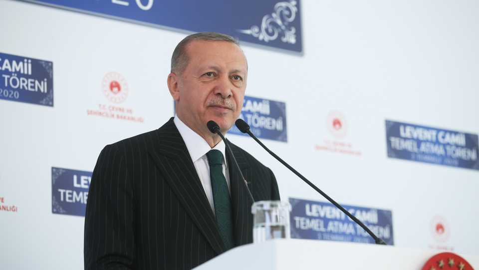 Turkish President Recep Tayyip Erdogan is delivering a speech during the cutting ceremony of Levent Mosque in Istanbul on July 3, 2020.