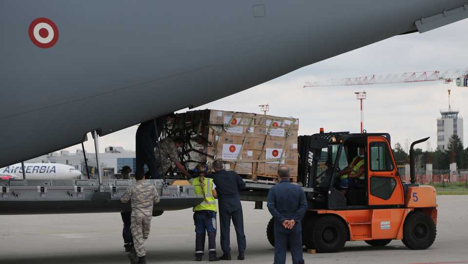 A Turkish A-400M cargo plane carrying a second batch of medical supplies arrives at the Nikola Tesla Airport in Belgrade, Serbia on July 4, 2020.