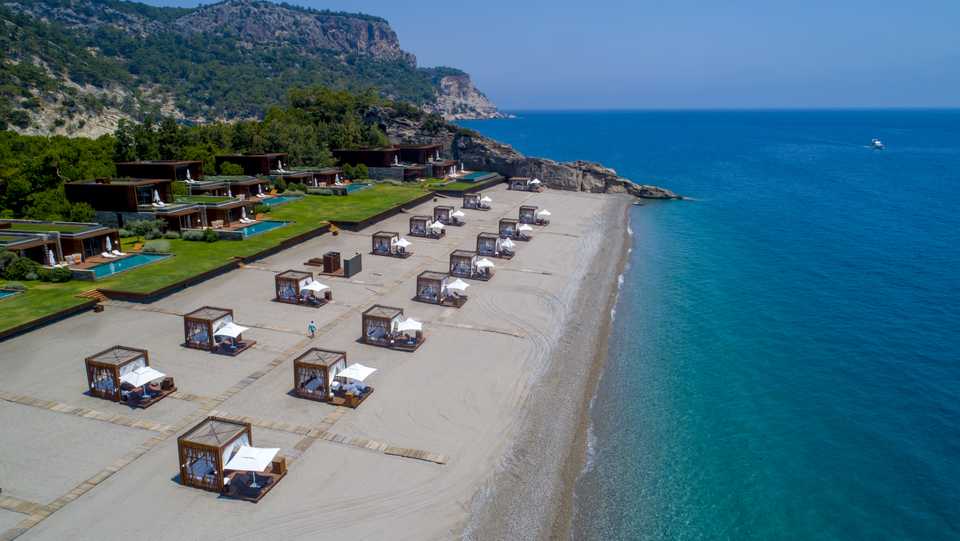 A drone photo shows an aerial view of the long beach in Kemer district of Antalya, Turkey on June 30, 2020.
