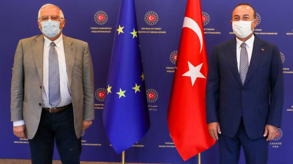 Turkish Foreign Minister Mevlut Cavusoglu and Josep Borrell Fontelles, high representative of the EU for Foreign Affairs and Security Policy, pose before their meeting in Ankara, Turkey, July 6, 2020. Turkish Foreign Ministry handout