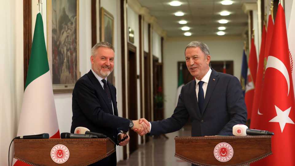 Turkish Defense Minister Hulusi Akar (R) meets with Italian Defense Minister Lorenzo Guerini (L) in Ankara, Turkey on July 7, 2020.