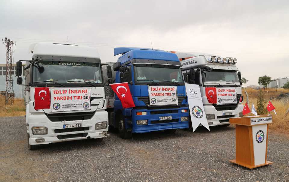 A Turkish aid group sends three trucks loaded with humanitarian aid to Syria on July 8, 2020.