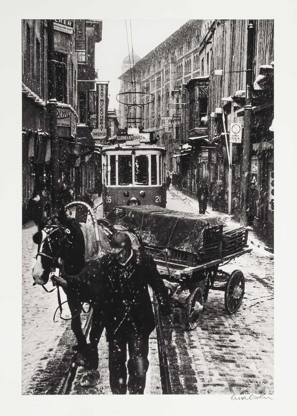 Ara Guler named “A horse carriage and a tram in Sirkeci on a winter’s day”, from 1956, his favourite.