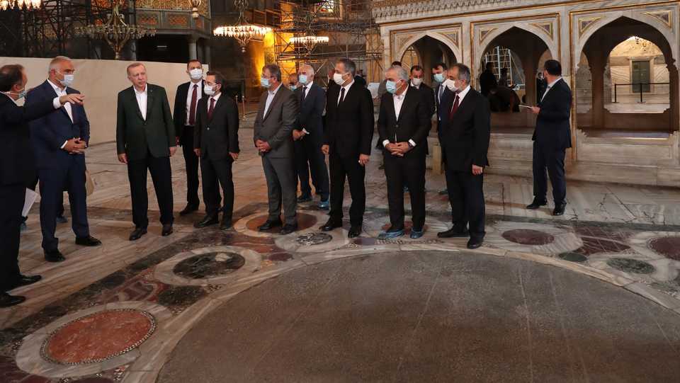 President of Turkey Recep Tayyip Erdogan is seen during a visit to inspect Hagia Sophia Mosque in Istanbul which will be opened on July 24th for worship after 86 years. July 19, 2020.
