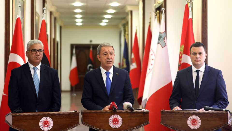 Turkish Defence Minister Hulusi Akar (C) holds joint press conference with Libyan Interior Minister Fethi Basaga (L) and Maltese Interior Minister Byron Camilleri (R) in Ankara, Turkey on July 20, 2020.