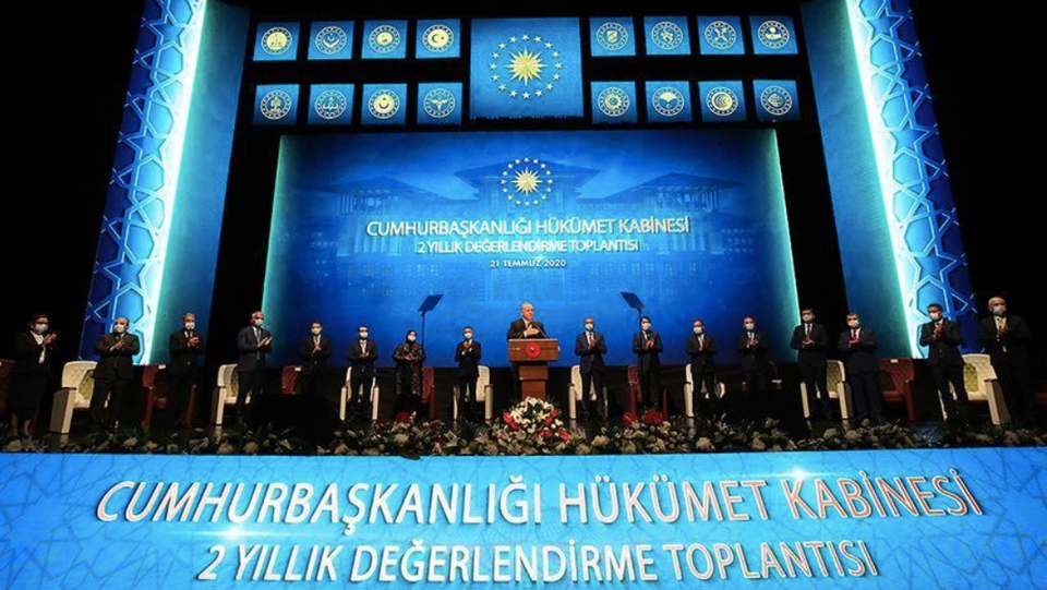 Turkey's President Erdogan delivers a speech during the two-year presidential cabinet evaluation meeting in Ankara, Turkey on July 21, 2020.