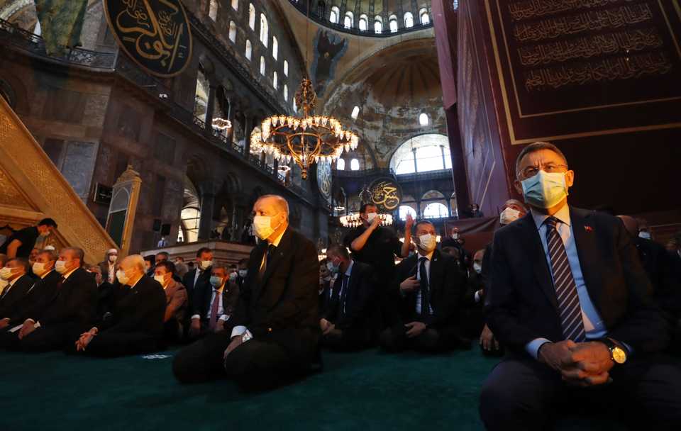 Turkish President Recep Tayyip Erdogan attends prayer at the Hagia Sophia Mosque, which was opened to worship after 86 years on July 24, 2020 in Istanbul, Turkey.