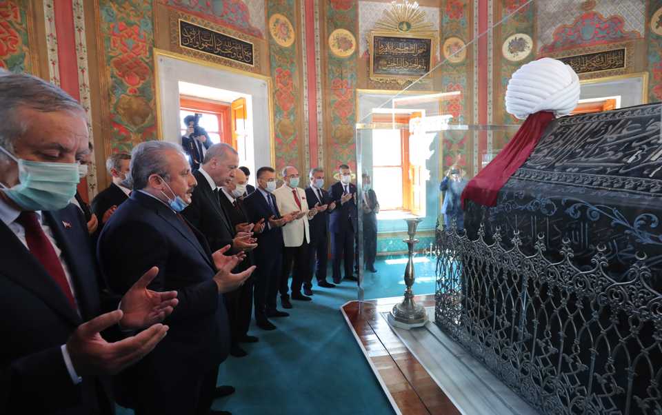 Turkish President Recep Tayyip Erdogan, accompanied by Turkish Vice President Fuat Oktay and other senior officials, visits tomb of Ottoman Sultan Mehmet II 
