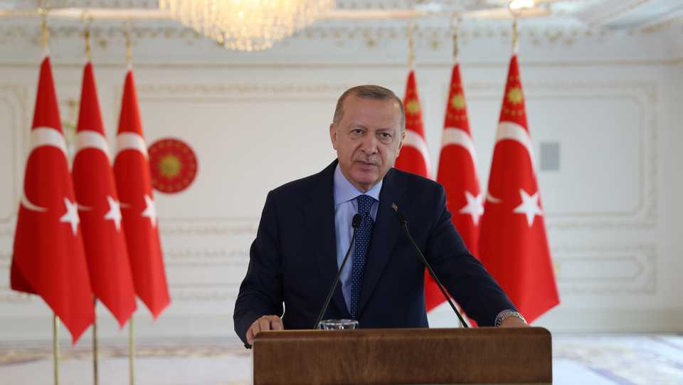 Turkey's President Recep Tayyip Erdogan delivers a speech via a live link at the opening ceremony of the Amasya Beltway on July 25, 2020.