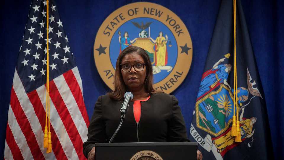 New York State Attorney General, Letitia James, speaks during a news conference, to announce a suit to dissolve the National Rifle Association, In New York, US on August 6, 2020.