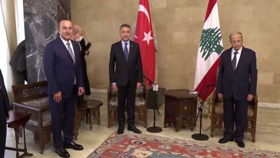 Turkish Vice President Fuat Oktay and Foreign Minister Mevlut Cavusoglu meet with Lebanese President Michel Aoun, August 8, 2020.