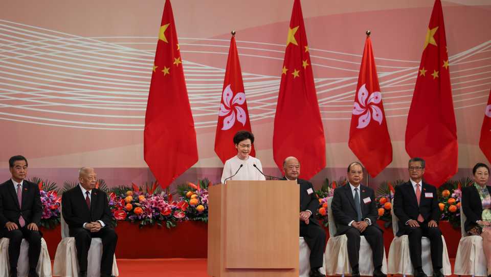 Hong Kong Chief Executive Carrie Lam speaks during a ceremony to mark the anniversary of Hong Kong's handover to China from Britain, in Hong Kong, China, July 1, 2020.