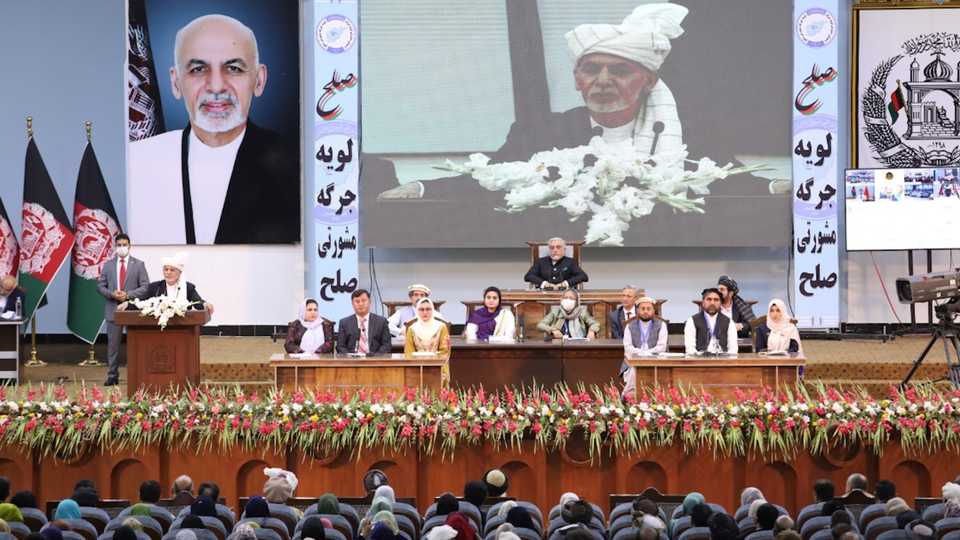 Afghanistan's President Ashraf Ghani speaks during a consultative grand assembly, known as Loya Jirga, in Kabul, Afghanistan August 7, 2020.