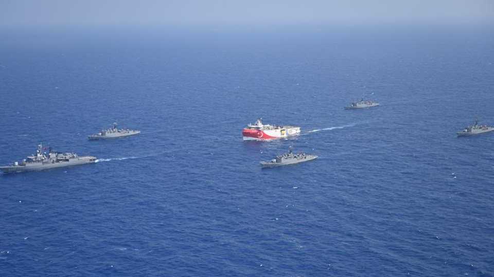 Turkey's MTA Oruc Reis seismic vessel, which is escorted by the Turkish navy, is seen on the offshores of the Eastern Mediterranean on August 10, 2020.