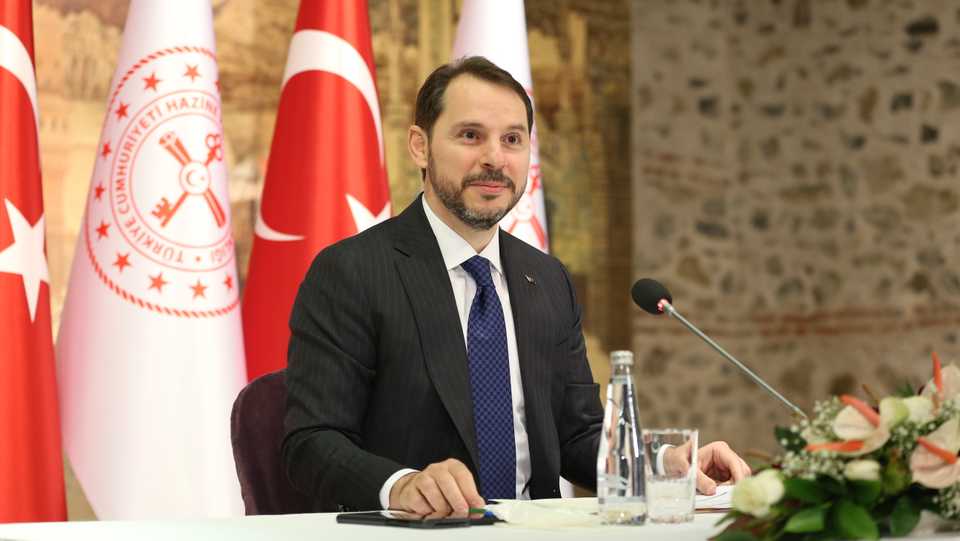 Treasury and Finance Minister Berat Albayrak meets with press and economists at the Presidential Office in Dolmabahce, Istanbul, Turkey June 05, 2020.