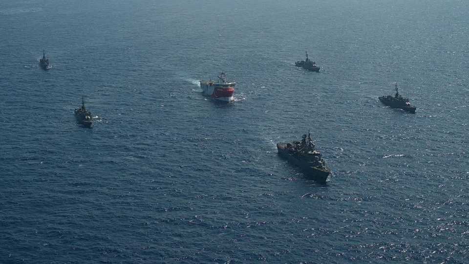 Turkish seismic research vessel Oruc Reis is escorted by Turkish Navy ships as it sets sail in the Mediterranean Sea, off Antalya, Turkey, on August 10, 2020.